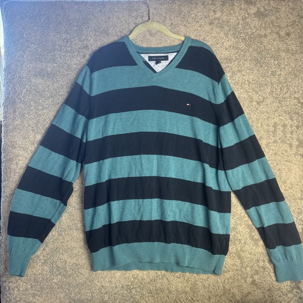 Tommy Hilfiger Men's Striped V Neck Sweatshirt Long Sleeves Pullover Blue XL